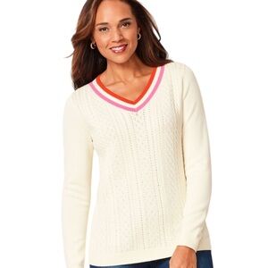 Talbots Pointelle V-Neck Sweater Pink & Red Trim